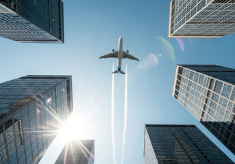 
A passenger plane flying among modern buildings reminiscent of the world of finance and business. It symbolizes global travel and trade.