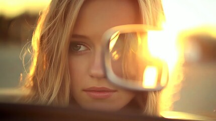 Golden Hour Reflection: A young woman's contemplative gaze in a car mirror at sunset