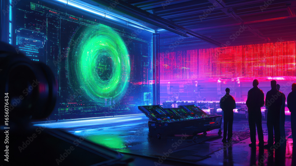 Poster futuristic control room features vibrant holographic displays and glowing interfaces, creating high 