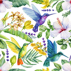 Hummingbirds with tropical hibiscus orchids banana leaves and lavender watercolor seamless exotic floral pattern design