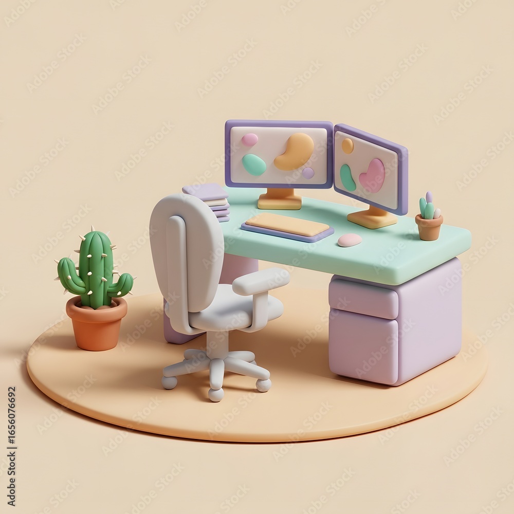 Fototapete a stylized 3d rendering of a modern workspace with dual computer monitors and a cactus.
