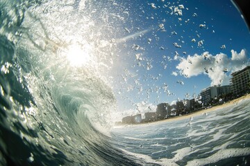 Sunlit wave, underwater view