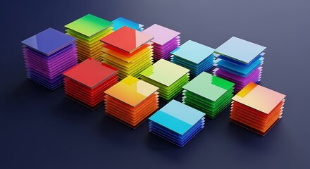 Obraz premium Colorful Stacks of Glossy Squares on Dark Background, Abstract Geometric Composition