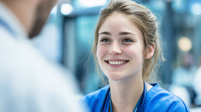 Sympathische Krankenschwester in Ausbildung spricht mit Arzt 