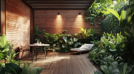 Urban jungle patio with wooden deck