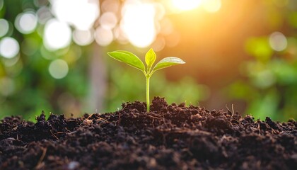 Fototapeta premium A vibrant young sprout emerges from rich, dark earth, bathed in natural sunlight, showcasing a hopeful and flourishing scene.