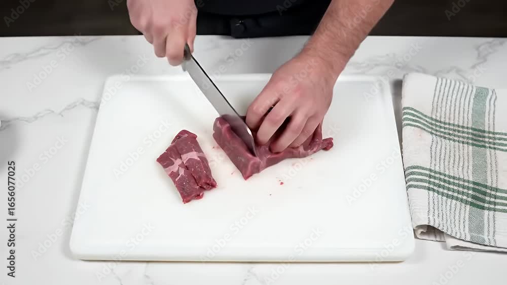 Poster detailed close up of a cook dicing a raw beef steak on a white cutting board with a sharp cleaver an