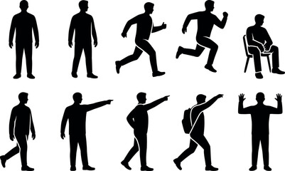 Simple Black Silhouettes: Men in Various Poses, Actions, and Gestures.