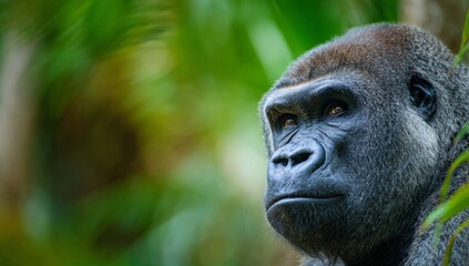 Fototapeta premium In its natural habitat, a Silverback gorilla sits majestically, encircled by an abundance of vibrant and rich green vegetation, embodying both power and peacefulness