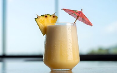 Tropical drink with pineapple wedge and festive paper umbrella, served in a stylish glass against a bright window background. 