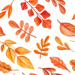 Autumn watercolor leaves pattern in warm orange and red tones isolated on white for seasonal fall design and decoration