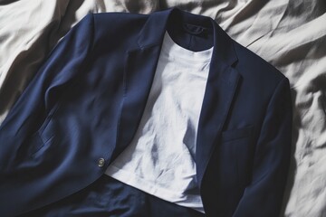 Dark blue suit jacket and white t-shirt on bed