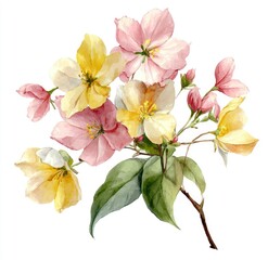 Obraz premium Delicate pastel pink and yellow flowers with green leaves
