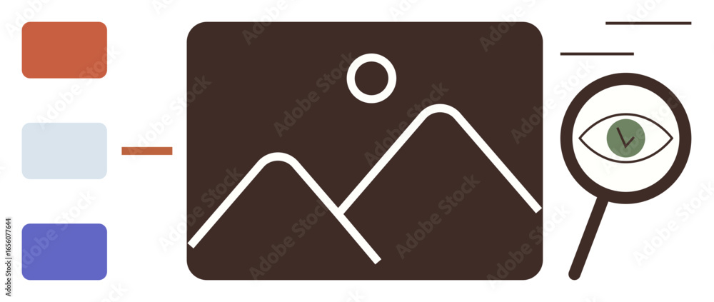 Poster magnifying glass over image with checkmark and surrounding color palette boxes. ideal for design, ed