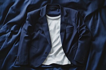 Navy blazer and white t-shirt laid flat on draped fabric