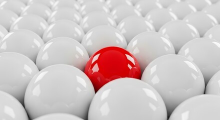 A single red sphere stands out amongst a crowd of white spheres, symbolizing uniqueness and individuality