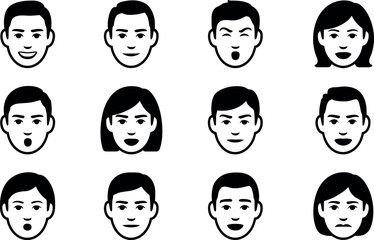 Diverse Vector Icons: Male and Female Facial Expressions, Simple Style