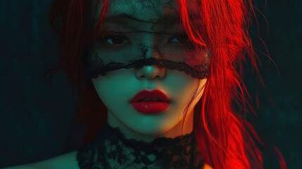 Fototapeta premium Woman with red hair and black lace mask