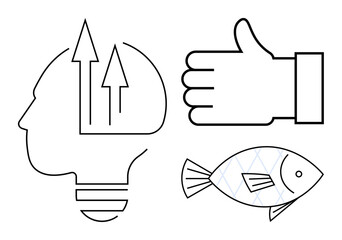 Human head with upward arrows symbolizing growth, thumbs-up gesture for approval, and fish as potential creativity metaphor. Ideal for growth, success, innovation, choice, sustainability, feedback