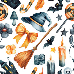 Watercolor holiday pattern with witch hat broom bow bats lollipops candles and flowers on white festive background