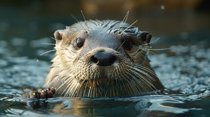 Close-up of an otter swimming in water.