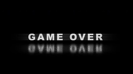 Game over in white letters on black background with glitch effect and reflection. Suitable for gaming industry presentations or editorial content. 4k - Powered by Adobe