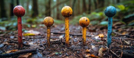 Colorful fungi growing in the forest floor.
