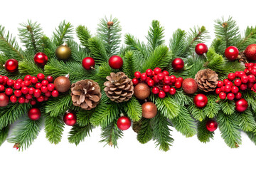Photo of christmas garland with red berries, pinecones, and gold ornaments isolated on transparent background