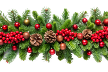 Photo of christmas garland with red berries, pinecones, and gold ornaments isolated on transparent background