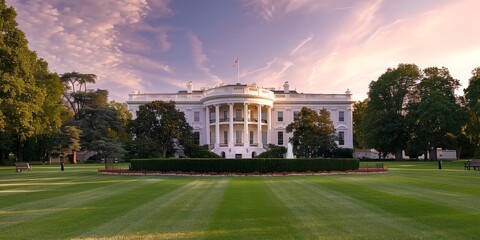 Fototapeta premium White house shining in morning sunlight with lush green lawn