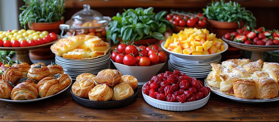Buffet breakfast with assorted pastries, fruits, and desserts.