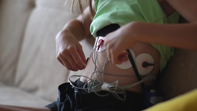 Medical heart monitoring device, Holter sensors. close up of girl with medical equipment undergoing heart examination. Heart monitoring, Teenage girl adjusts Holter monitors on her body
