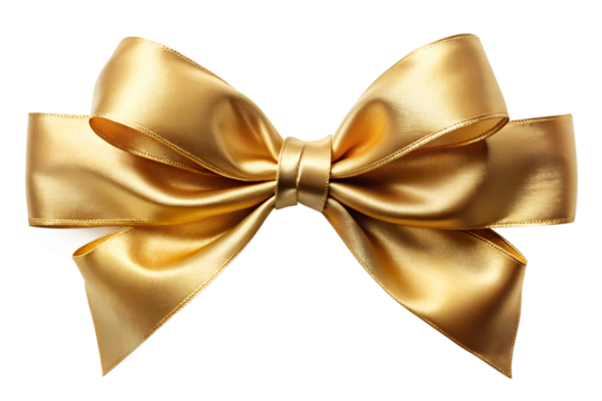 Photo of a beautiful shiny gold satin ribbon bow, isolated on transparent background, perfect for gift wrapping, celebrations, and luxury decorations