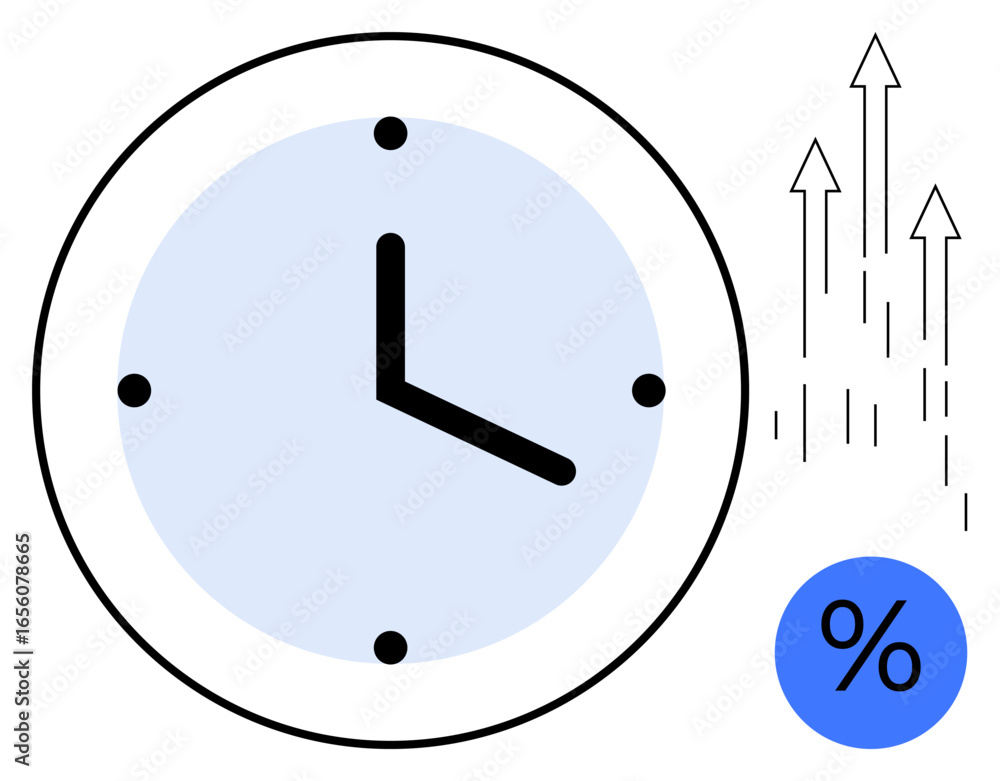 Poster clock face with arrows pointing upward and percentage icon. ideal for time management, productivity,
