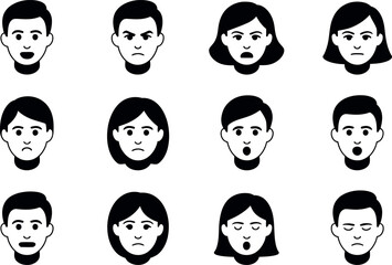 Diverse Flat Icon Set: Male and Female Facial Expressions, Simple, Black and White