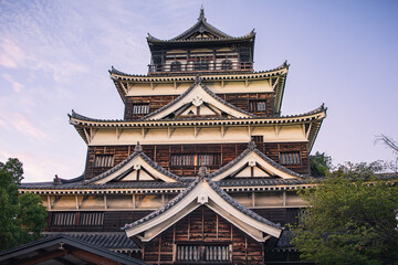The Hiroshima Castle (広島城, Hiroshima-jō) at dusk. Also called Carp Castle (鯉城, Rijō),...
