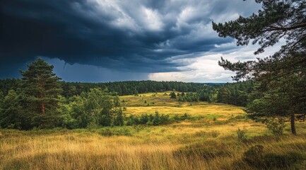 Stormy landscape, golden meadow, dark clouds