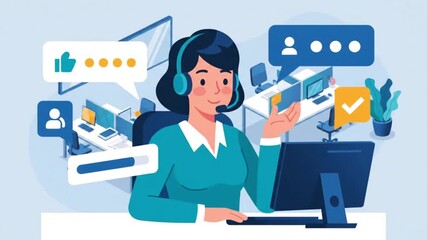 An illustration of a smiling female customer service agent wearing a headset, offering online support and communication in a modern office environment.