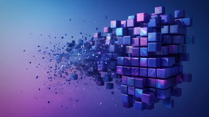 Abstract Digital Cubes Exploding and Reforming with Dazzling Futuristic Colors and Shimmering Particles