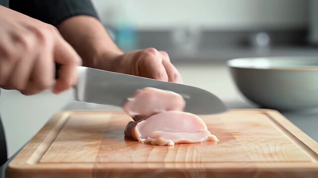 Detailed Close Up of Chef Slicing Chicken Breast into Strips with Serrated Knife on Wooden Cutting Board in Bright Kitchen Light Professional Food Preparation Technique Cooking Culinary Art Healthy