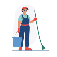 Cleaning Worker Holding Mop and Bucket Illustration