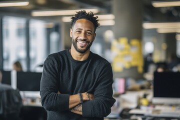Fototapeta premium Portrait of a cheerful man with standing confidently with arms crossed in a contemporary open-plan office workspace.