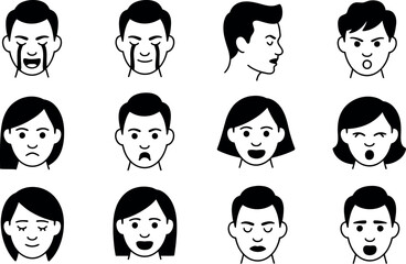 Diverse Vector Icons: Male and Female Facial Expressions, Black and White Style