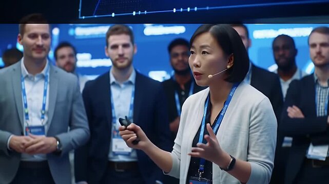 Asian Woman Presenting Before a Diverse Audience in a Blue Lit Conference Setting - Powered by Adobe
