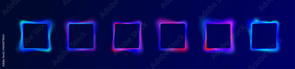 Poster curve and wave shapes blend with neon gradient colours in abstract background featuring round circul