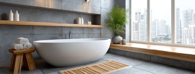 Stylish bathroom showcases a white bathtub and wooden stool, flooded with natural light, providing a cityscape backdrop