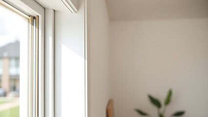 Modern white window frame with clean lines and soft daylight, showcasing minimalist interior design.