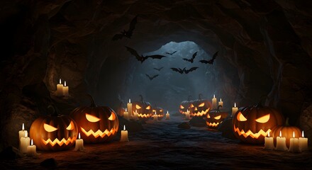 Halloween Cave with Candles and Pumpkins