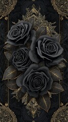 A vivid black rose against a deep black and gold figure, accented with elegant gold floral designs that add a touch of romance and sophistication. luxury feeling black roses with golden touch