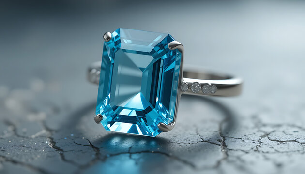 stunning, large, blue topaz gemstone, octagon cut, sparkling, shiny, silver ring setting, dramatic lighting, close-up, high-quality, photorealistic, diamond, 32K Resolution